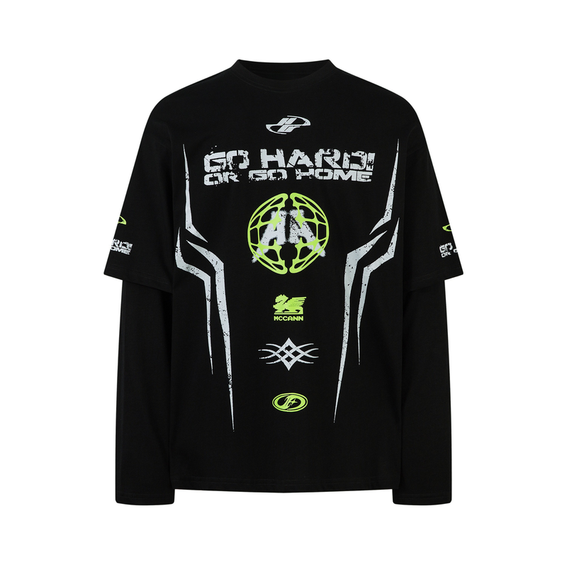 Black long sleeve tee with white racing graphic and neon green circular logo, front view