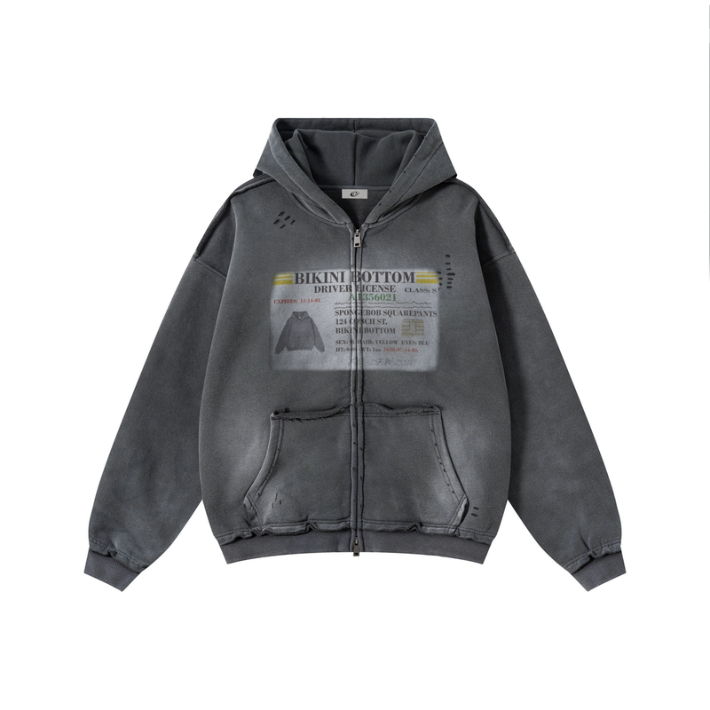 Gray vintage wash zip hoodie with Bikini Bottom graphic on the front, front view