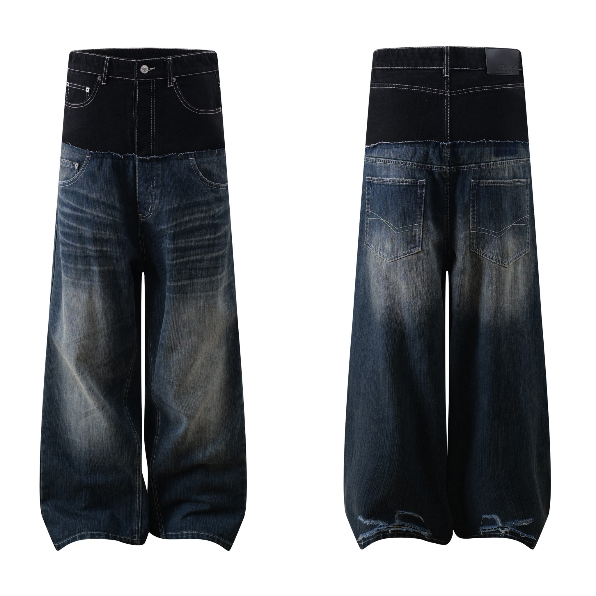 Front and back view of two-tone balloon wide-leg jeans with black waistband and heavily washed indigo wide-leg lower half