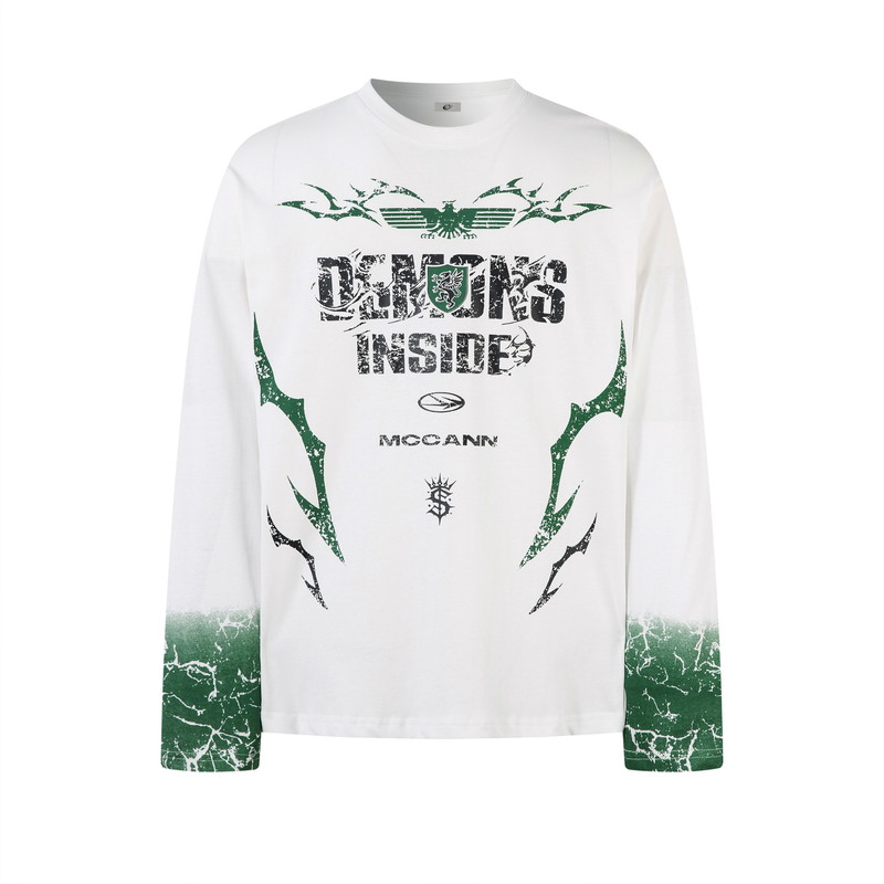 White long sleeve tee with green Demons Inside graphic on the front