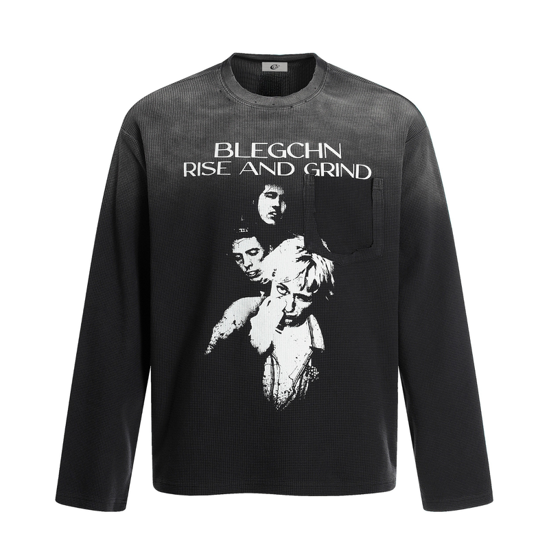 Black waffle knit long sleeve tee with Rise and Grind graphic on the front