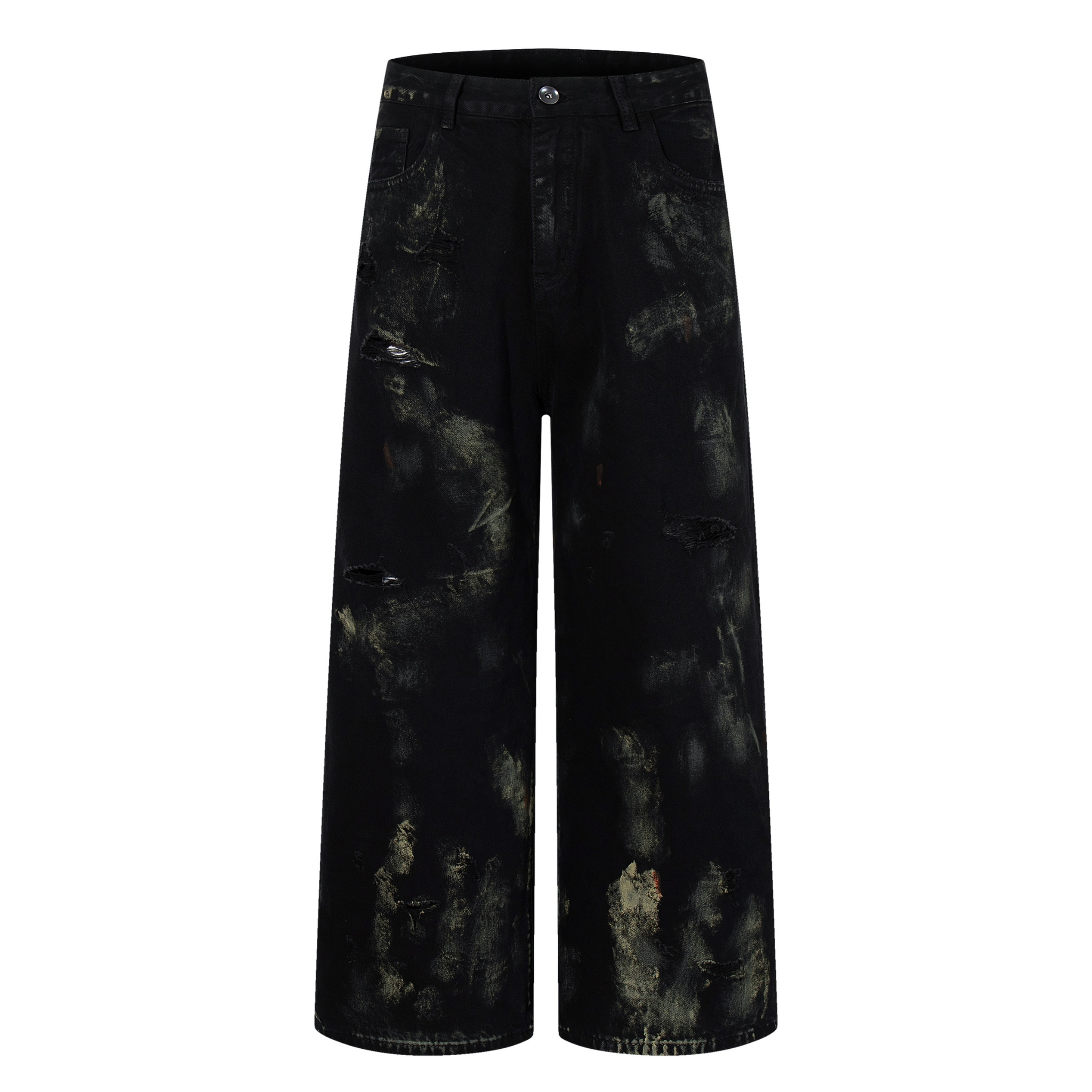 Omirad Paint-Wash Destroyed Wide-Leg Jeans | Black Denim