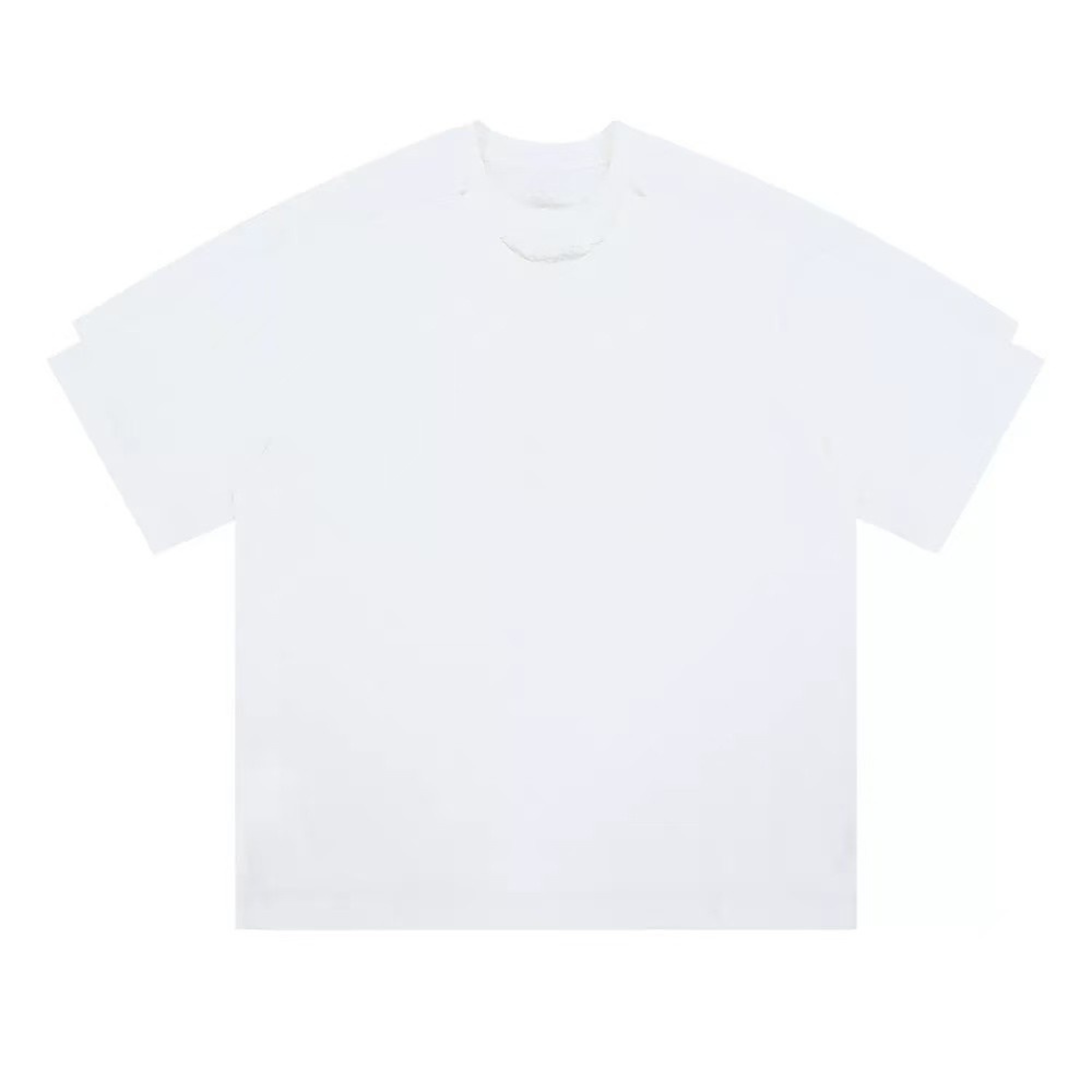 Flat lay of a white oversized boxy t-shirt with a double-collar stacked optical illusion design on a white background