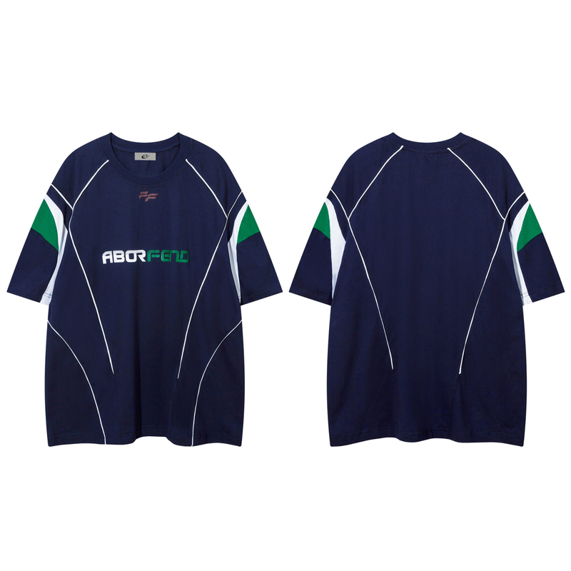 Navy oversized jersey tee with white paneled seams, green sleeve accents, and ABORFEND chest logo, front and back view
