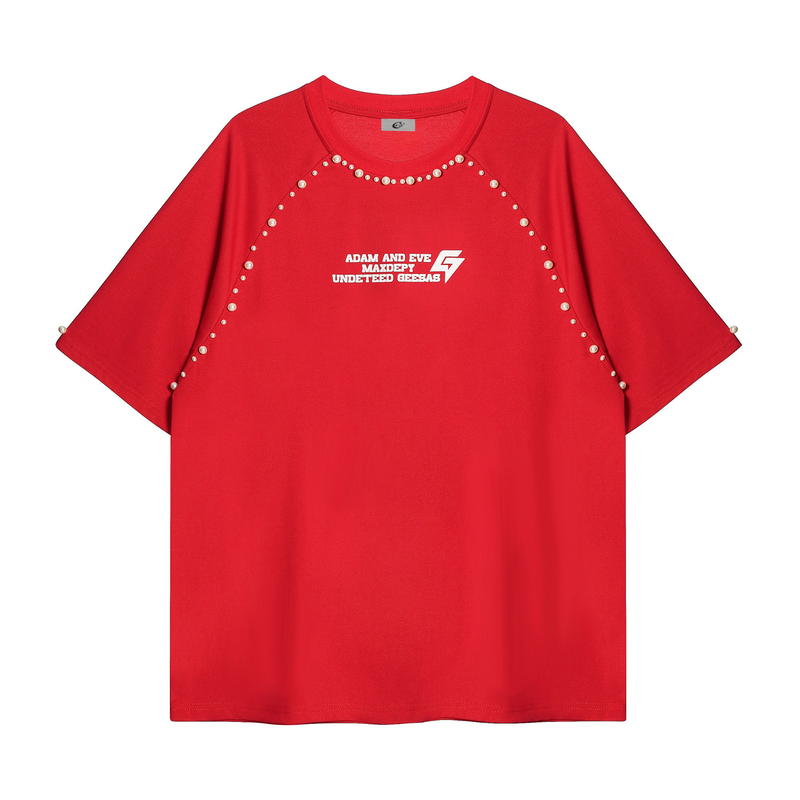 Red studded raglan graphic tee with pearl accents and bold chest print on a streetwear cotton shirt