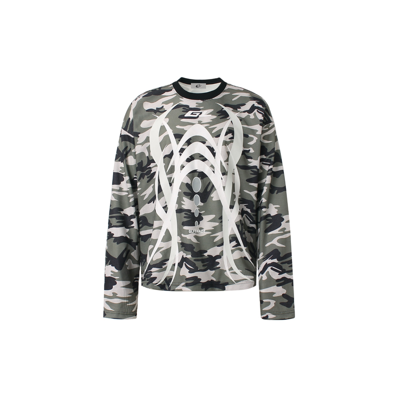 Front view of a camo waffle long sleeve top with black crew neck and white graphic