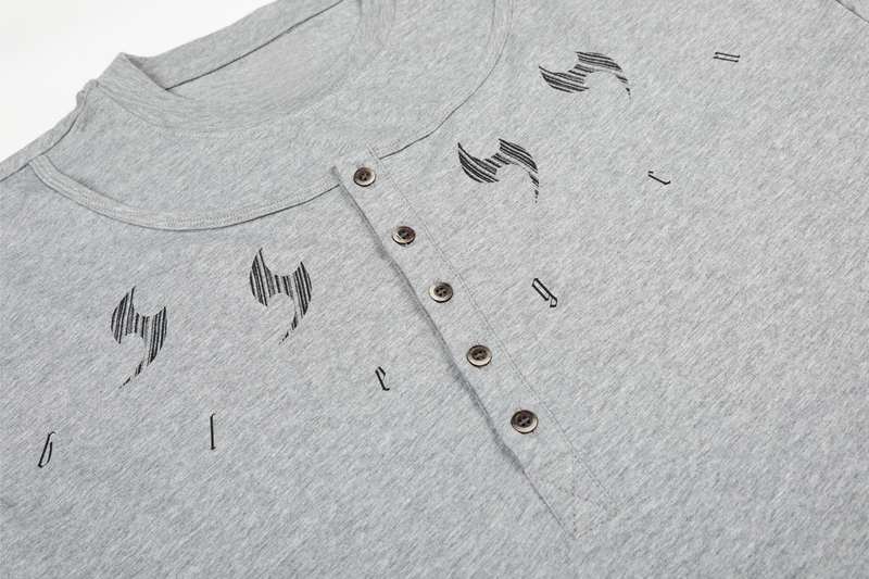 Gray henley front close-up showing button placket and chest print