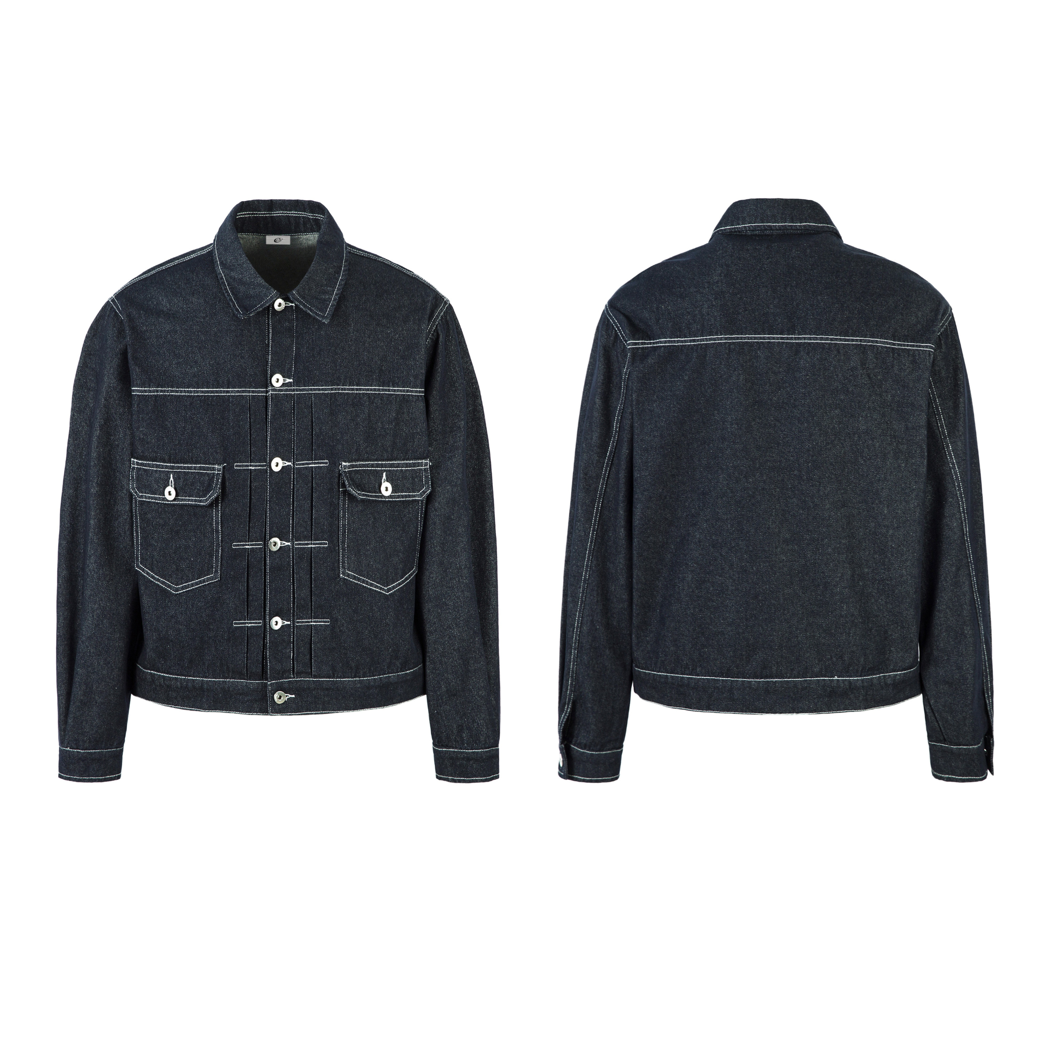 Front and back view of Omirad dark indigo denim jacket with white contrast stitching and dual flap chest pockets