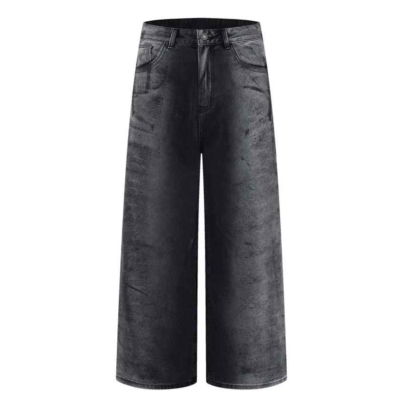 Dark washed wide-leg jeans front view with smoky gray texture, five-pocket style and button fly
