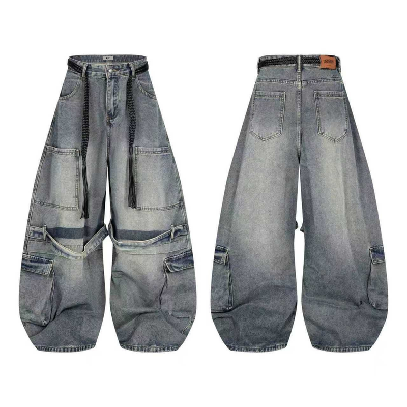 Front and back views of layered wide leg blue jeans with braided belt detail