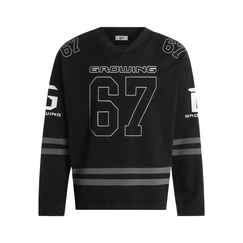 Black long-sleeve hockey jersey front with white outlined 67 graphic and gray sleeve stripes