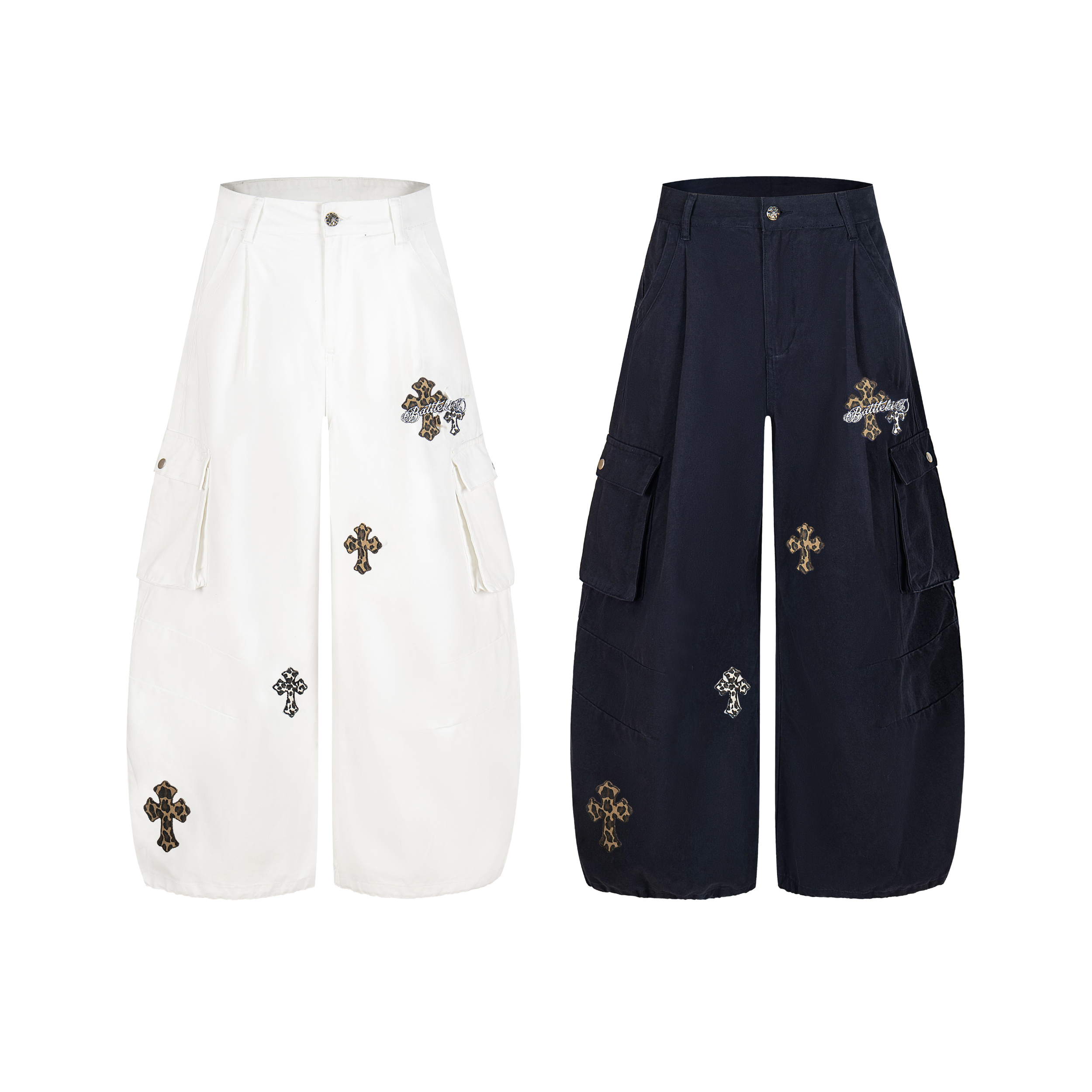 White wide-leg cargo pants with leopard print cross embroidery patches and snap-button cargo pockets on a white background