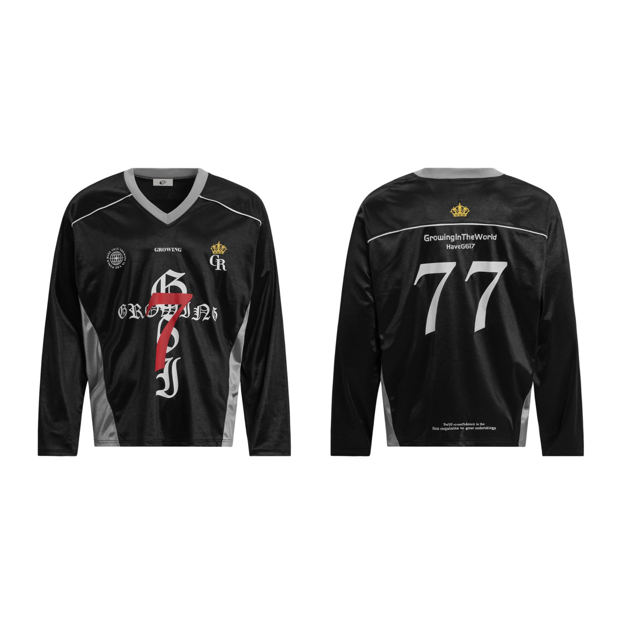 Black long-sleeve performance jersey with gothic Growing 7 graphic on front and number 77 on back, front and back view