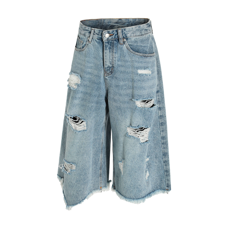 Light blue distressed denim shorts with frayed hem and wide legs, front view