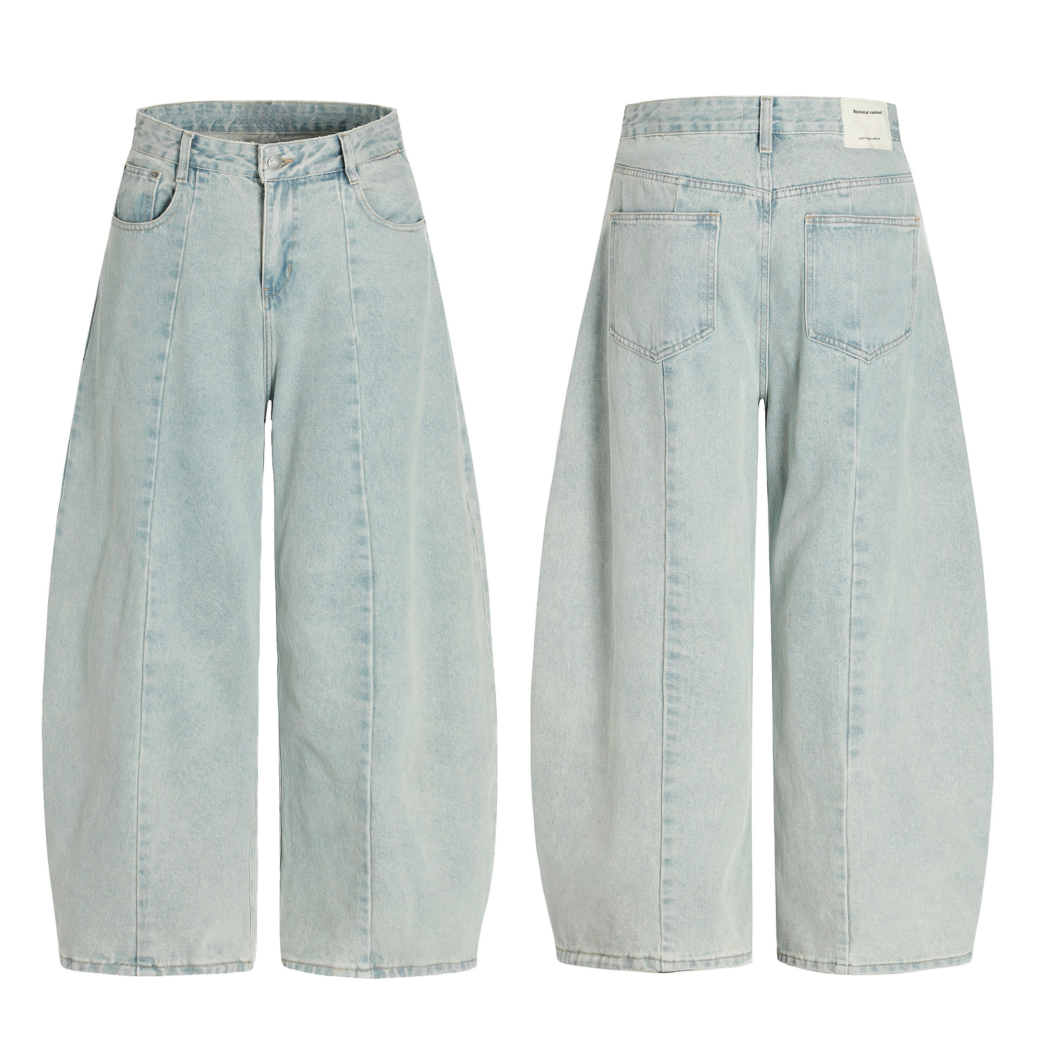 Front and back view of light wash high-rise barrel leg jeans with wide leg opening and front center seam