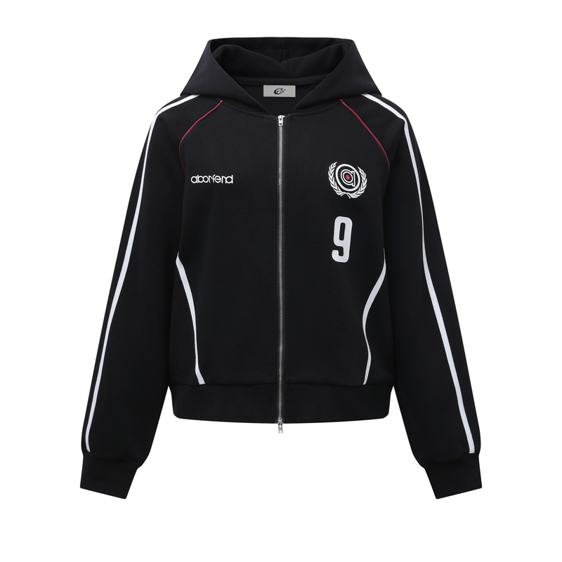 Black zip-up hoodie front view with white sleeve stripes, red piping, and chest graphic