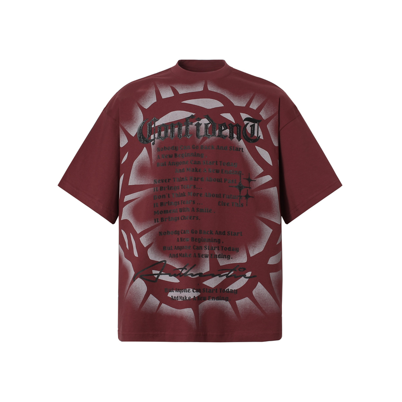 Maroon gothic T-shirt with crown of thorns airbrush graphic and bold distressed typography on the front