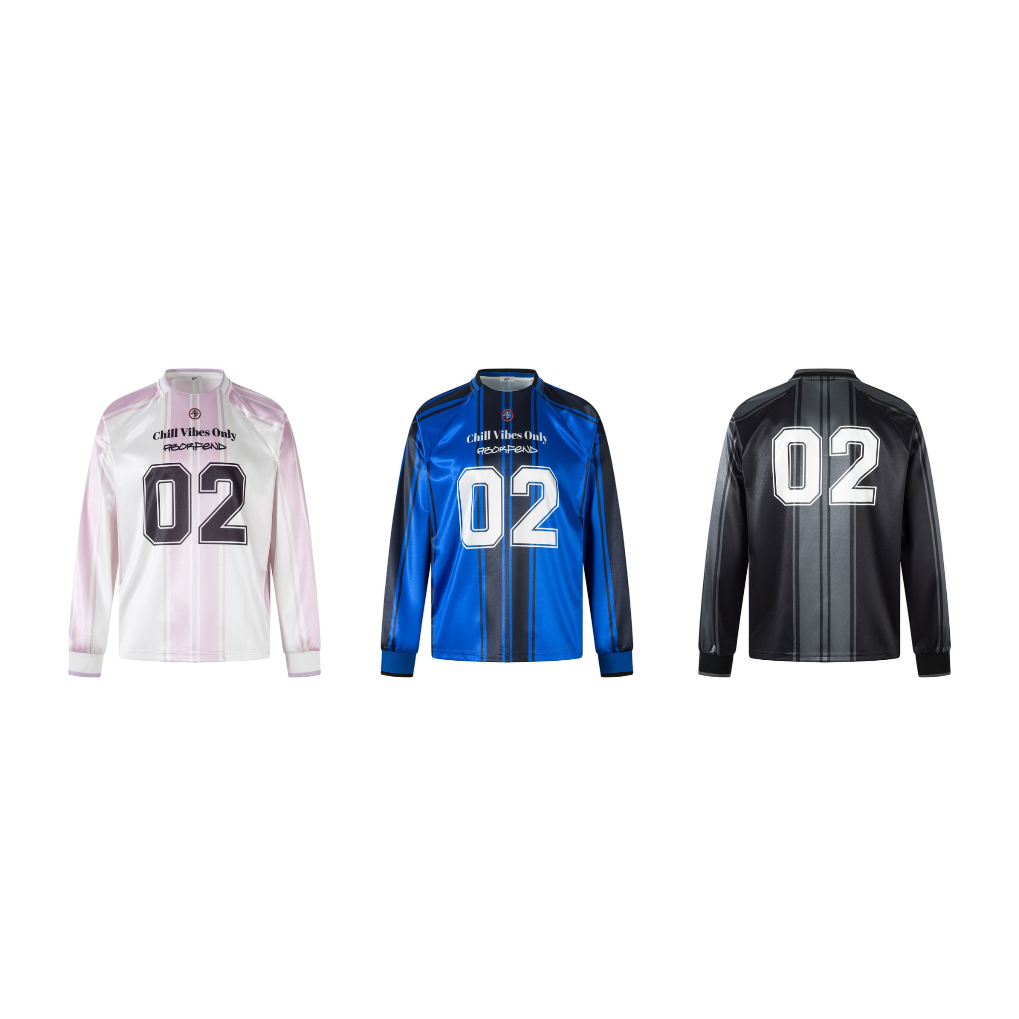White and pink vertical stripe long sleeve jersey top with printed 02 number and Chill Vibes Only embroidered lettering on fr