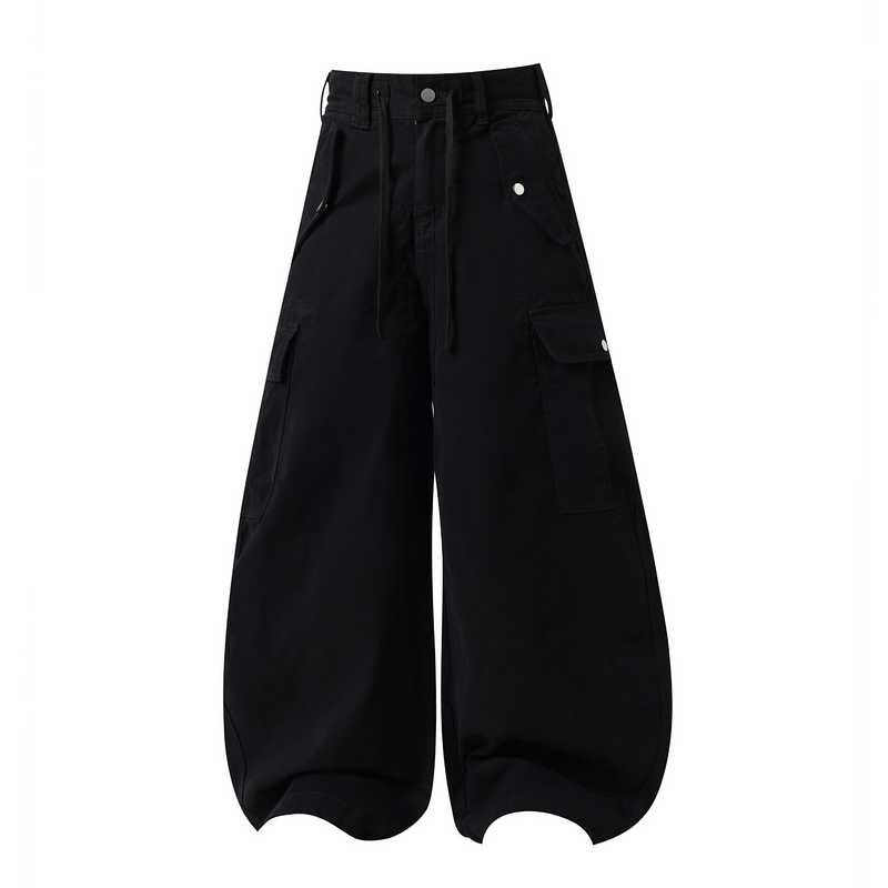 Black wide-leg cargo pants with drawstring waist and flap pockets, front view