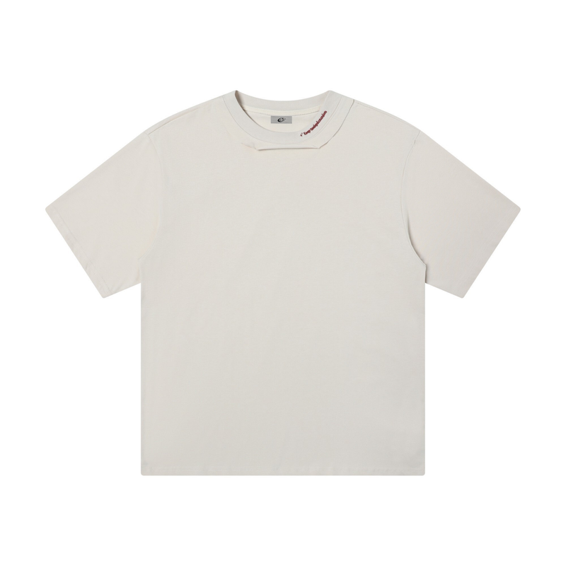 Cream minimalist streetwear tee with a deconstructed collar and subtle red neck lettering on a clean white background