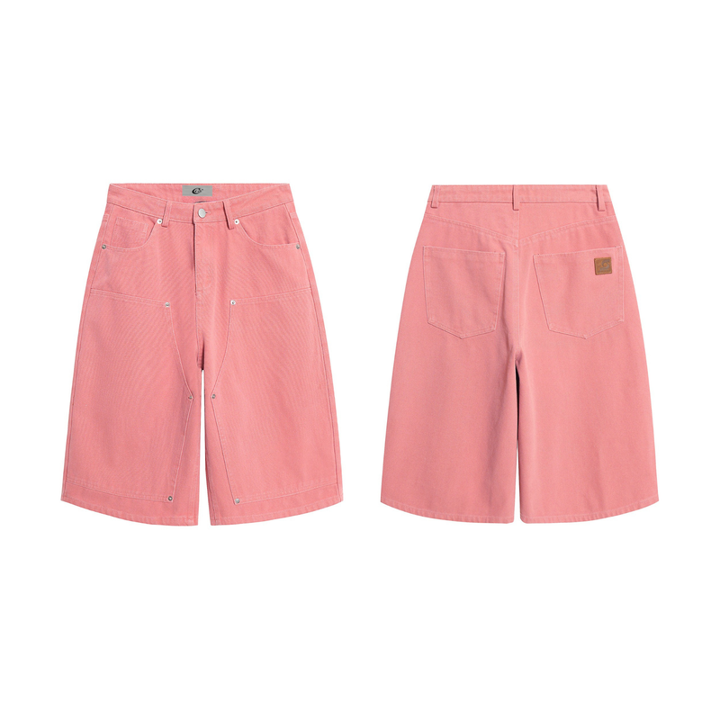 Pink jorts front and back views showing wide-leg cut, five-pocket front, and patch-pocket back