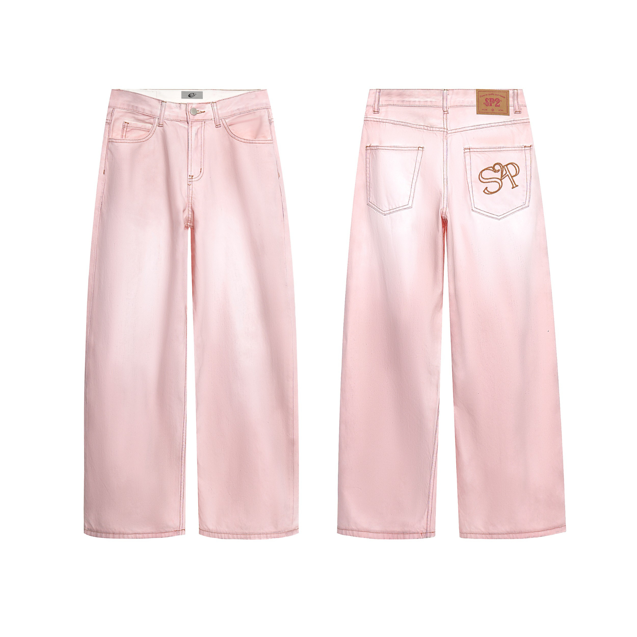 Front and back view of faded pink wide-leg denim jeans with SP2 embroidered back pocket logo and contrast stitching