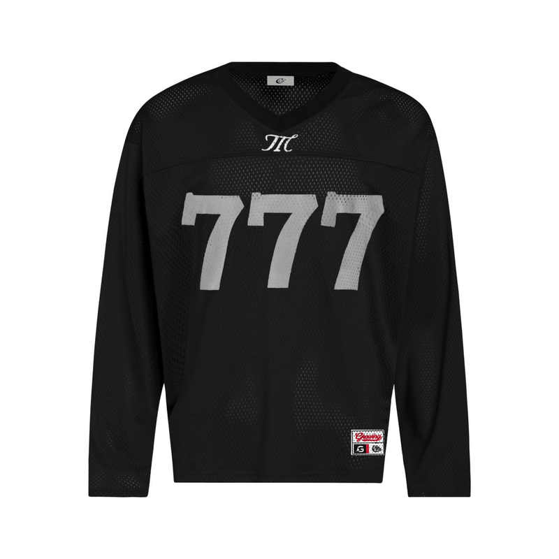 Black mesh football jersey with white 777 print and chest monogram, front view
