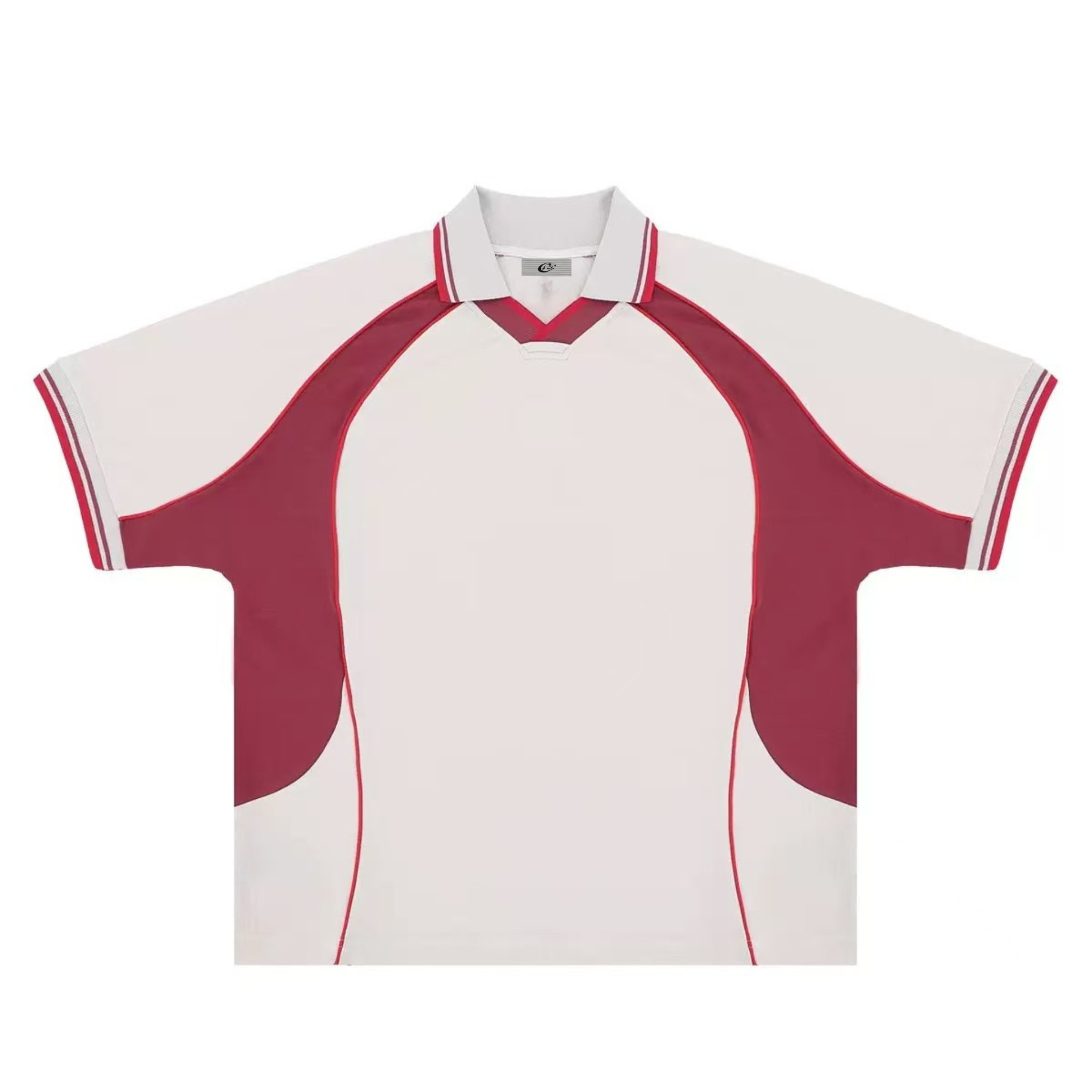 White and red contrast panel retro athletic polo tee with striped collar and oversized fit, front view