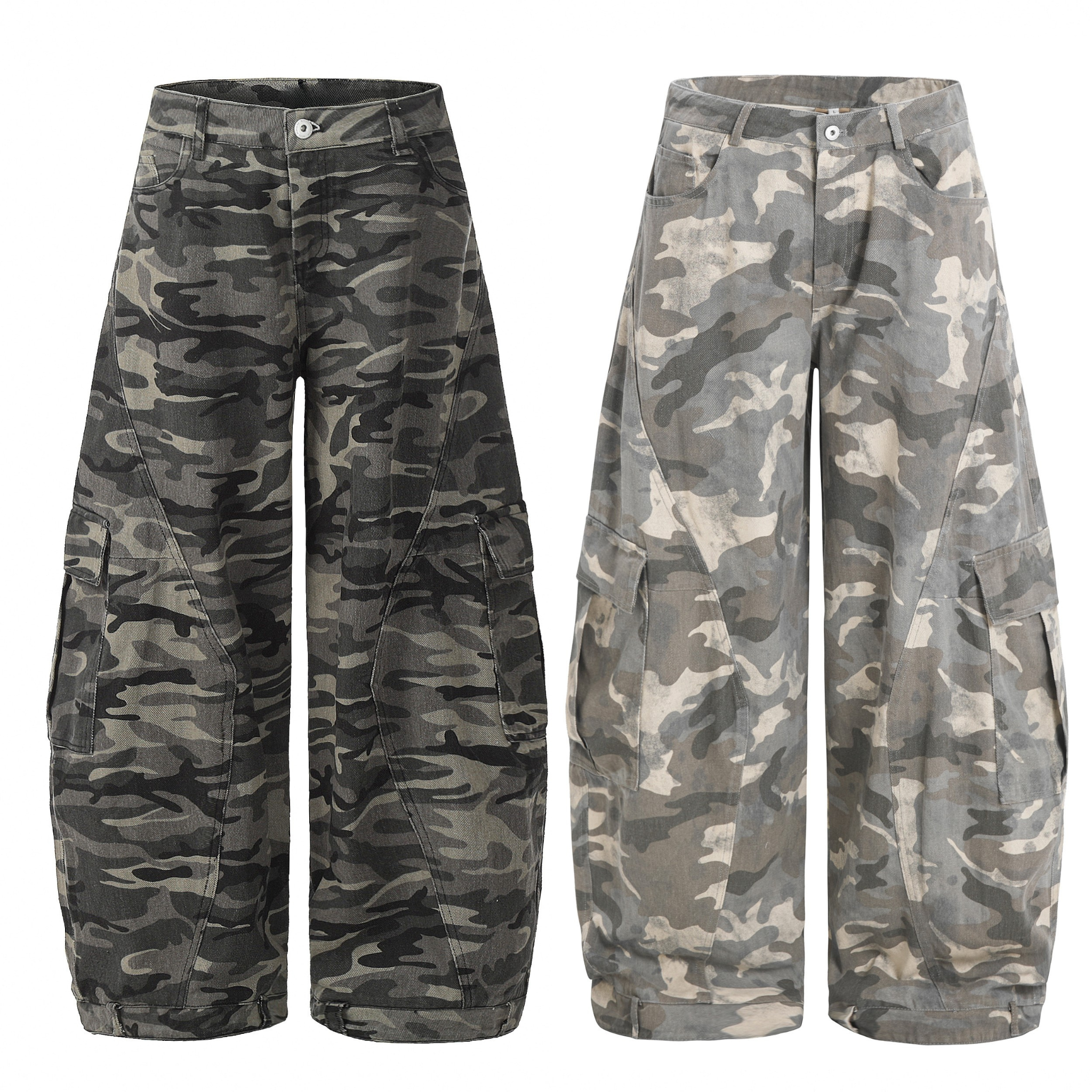Dark olive camouflage wide-leg barrel cargo pants with 3D side pockets and stacked hem, front view