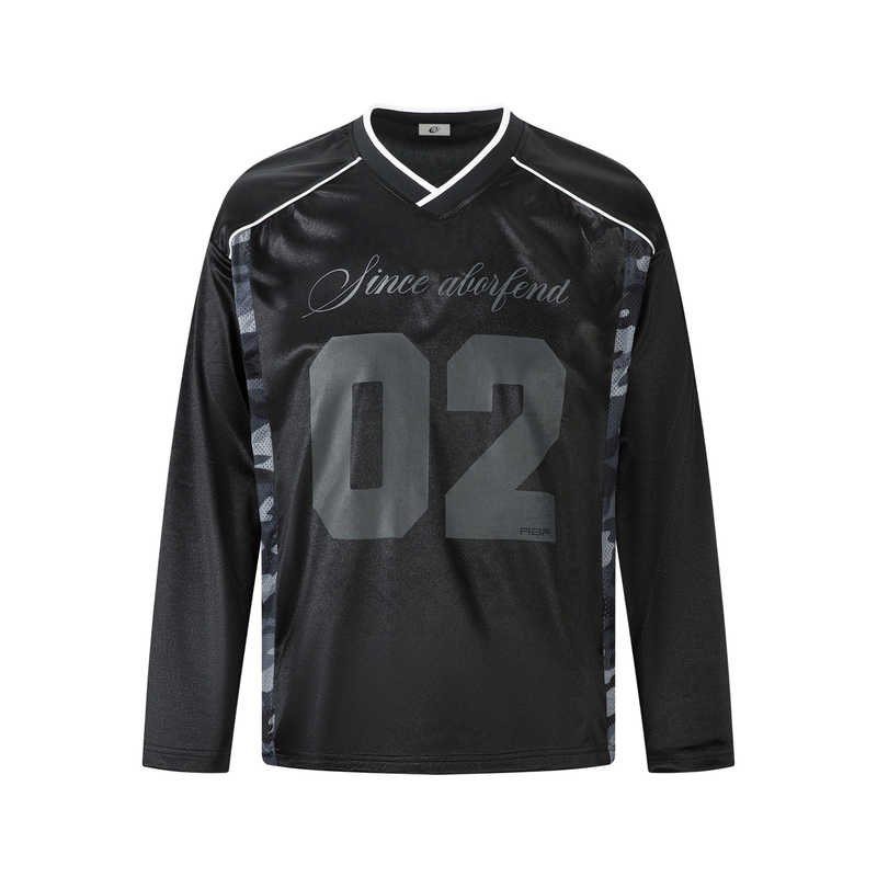 Front view of black V-neck long sleeve jersey top with white trim and 02 graphic