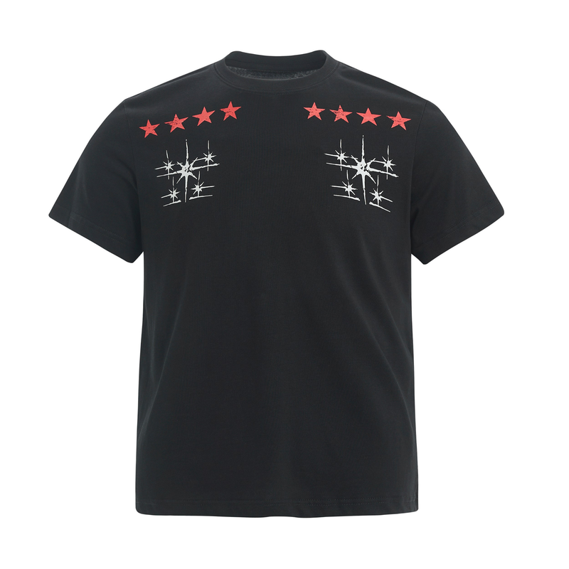 Black street style cotton tee with red stars and white starburst graphics across the chest