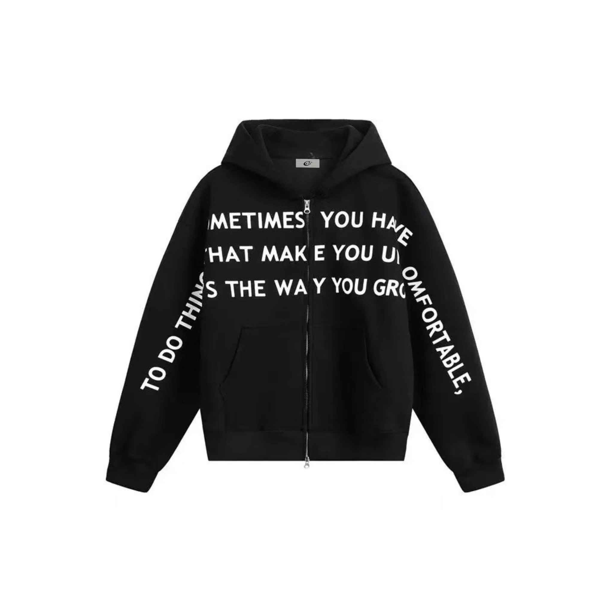 Black oversized zip-up hoodie with bold white motivational slogan print on chest and sleeves, front view