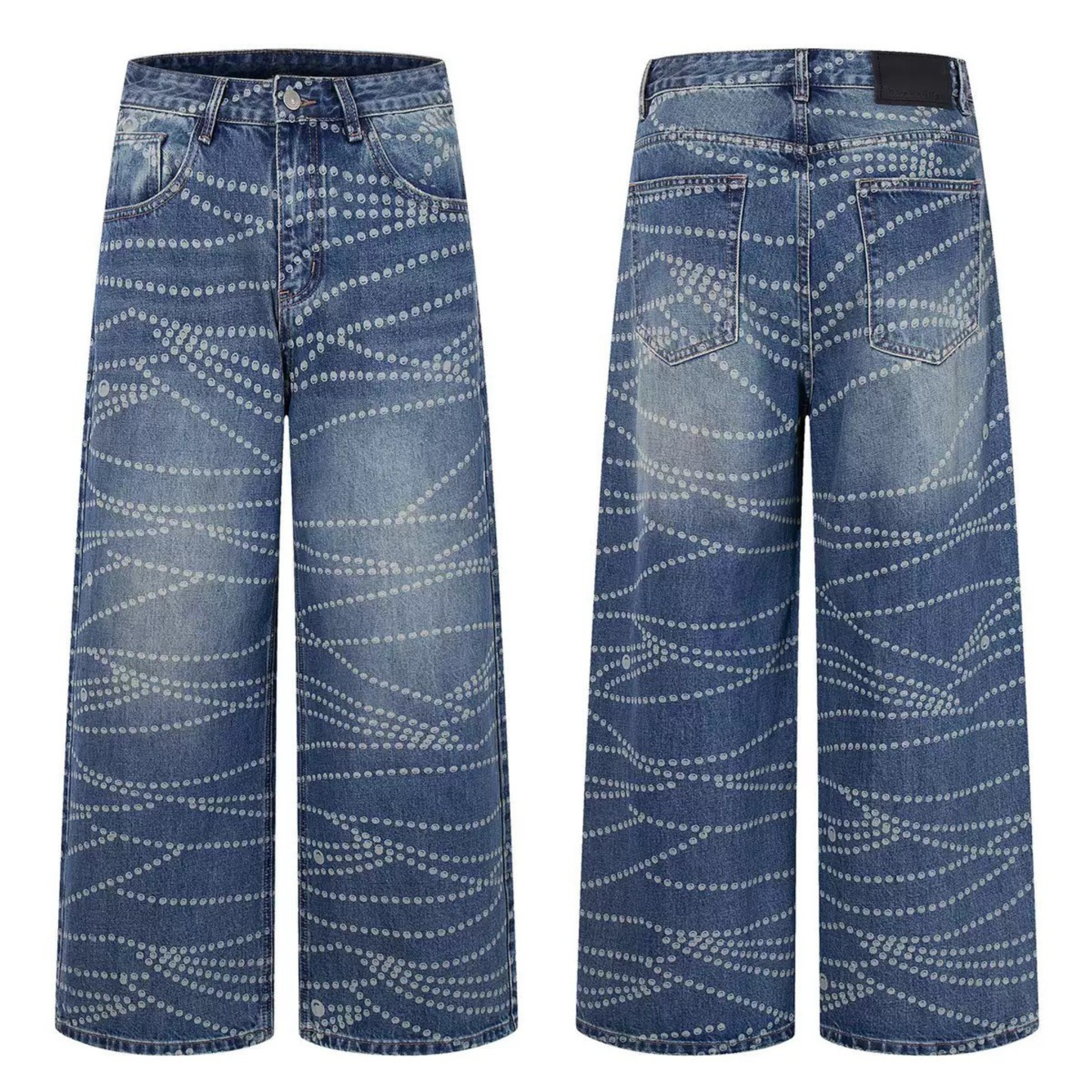Front and back view of wide-leg washed blue denim pants with all-over wave dot print pattern