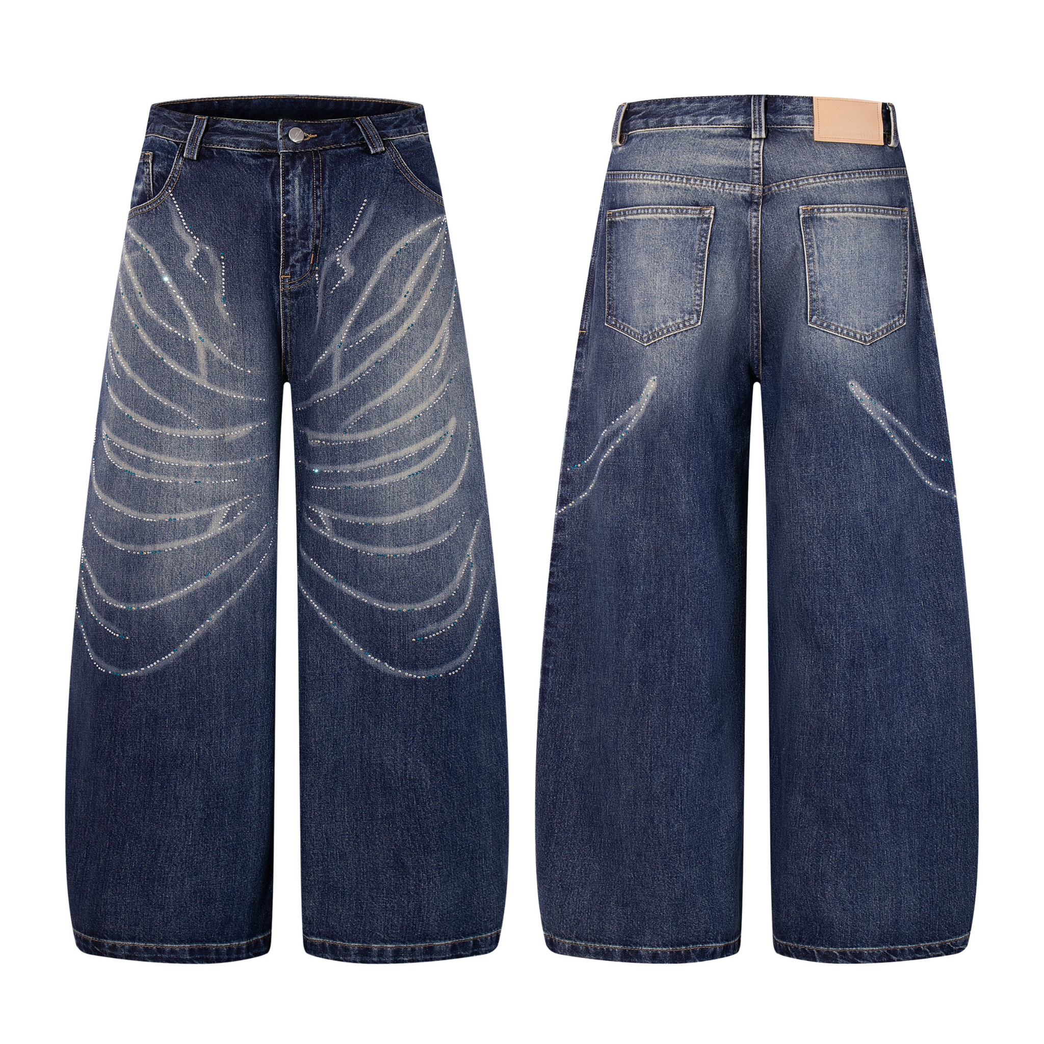 Front and back view of wide-leg mid-blue washed jeans with rhinestone wave pattern on denim fabric