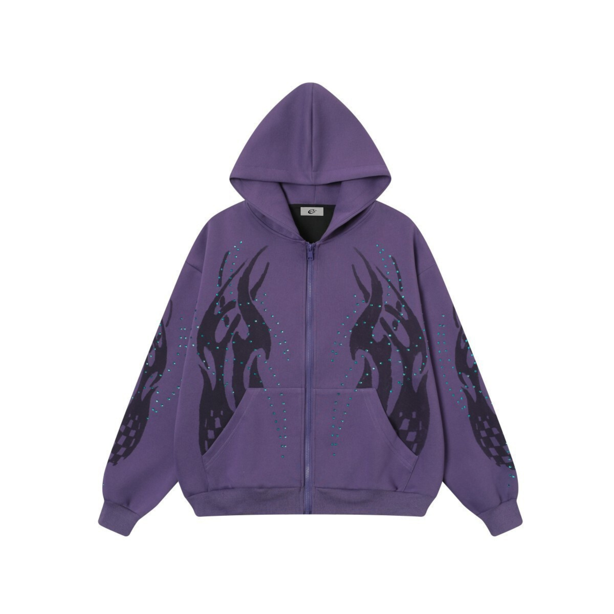Flame Print Rhinestone Zip-Up Hoodie | Streetwear Oversized