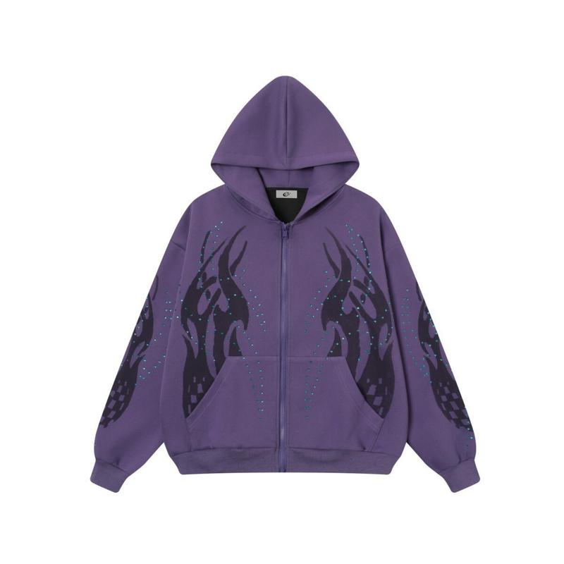 Purple zip-up hoodie with flame graphics and rhinestone accents, front view