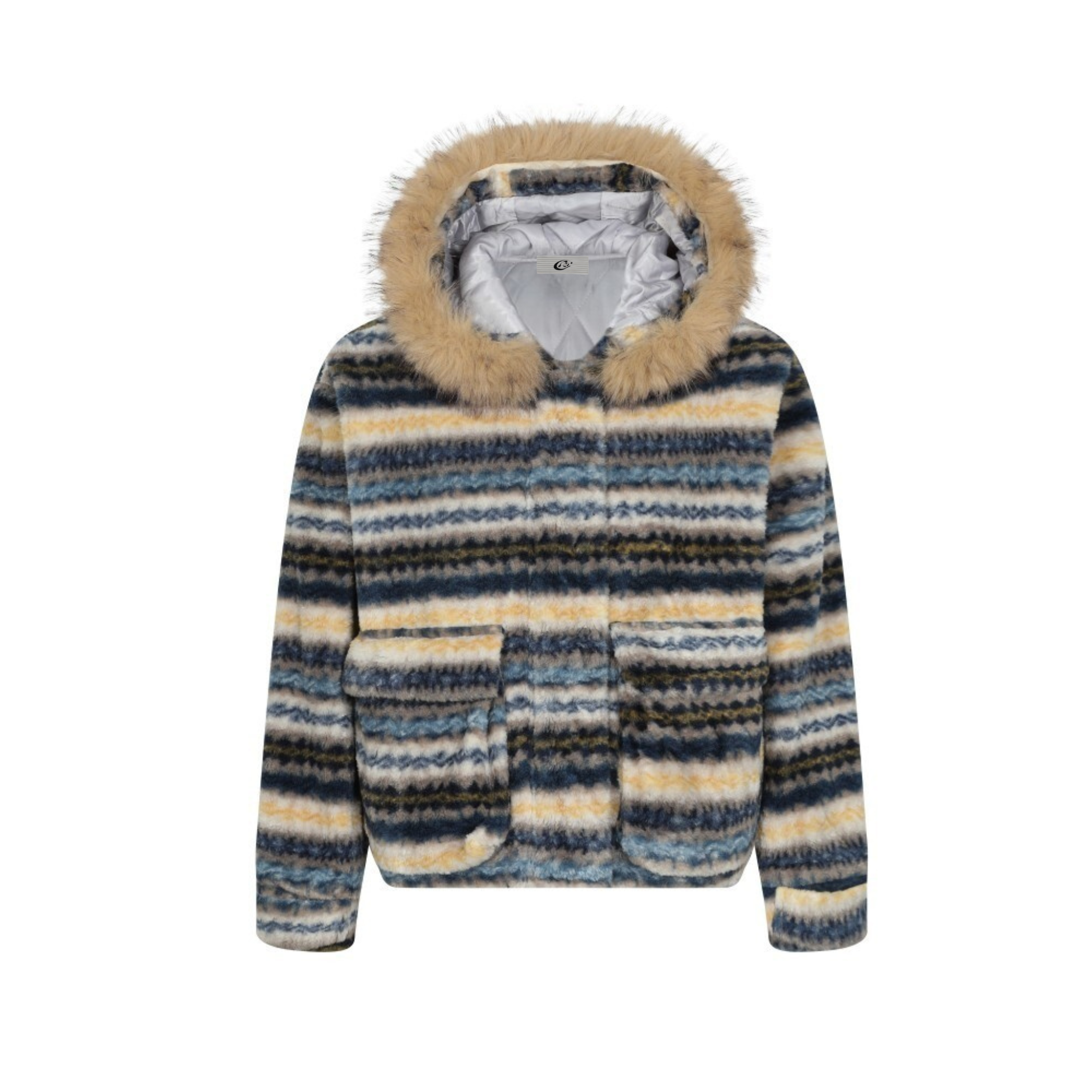 Striped Faux Fur Hooded Jacket | Retro Streetwear Winter Coat