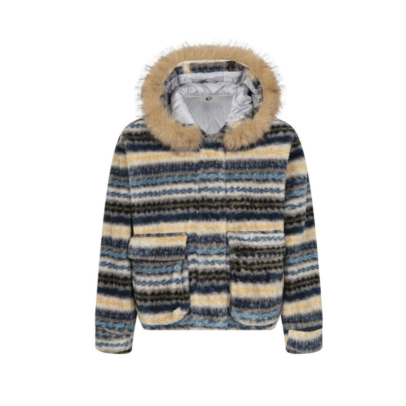 Striped Faux Fur Hooded Jacket | Retro Streetwear Winter Coat