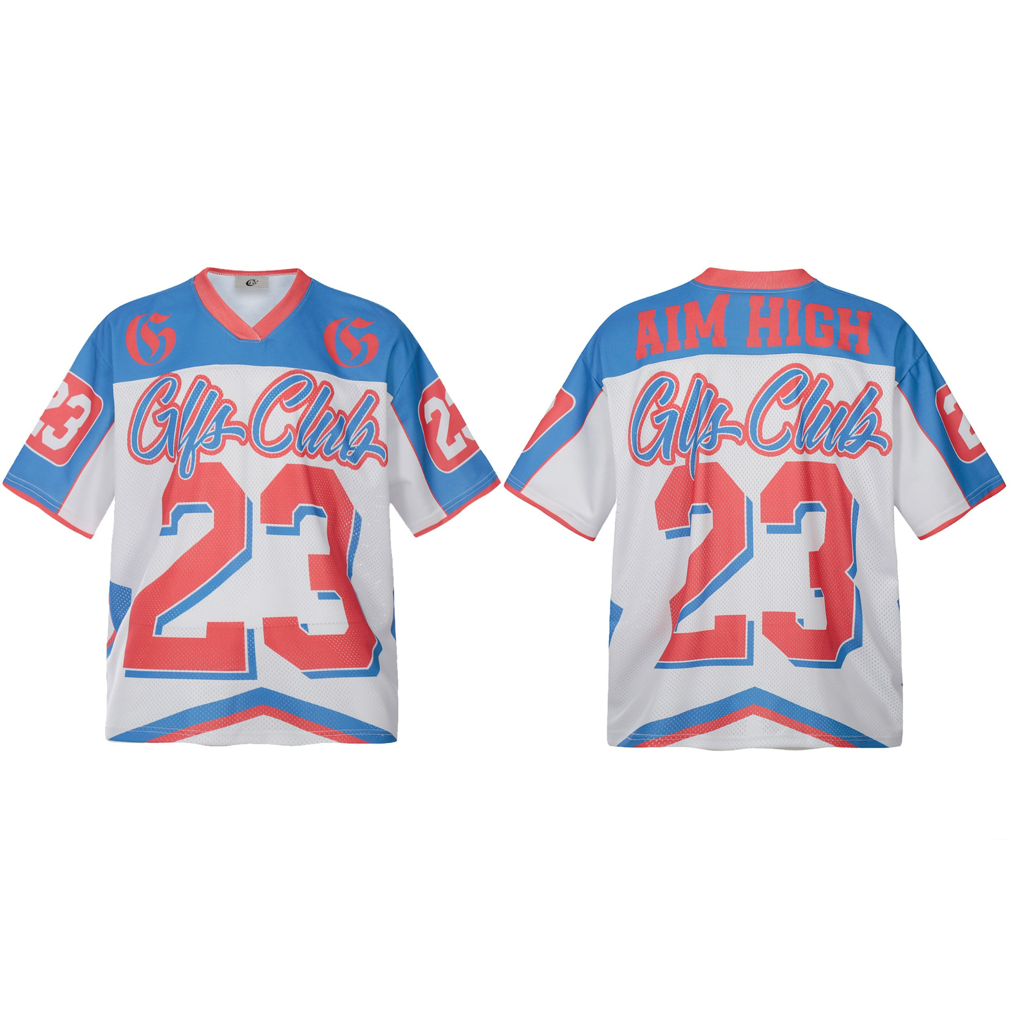 Front and back view of Glfs Club No.23 retro colorblock football jersey in white, blue, and coral red