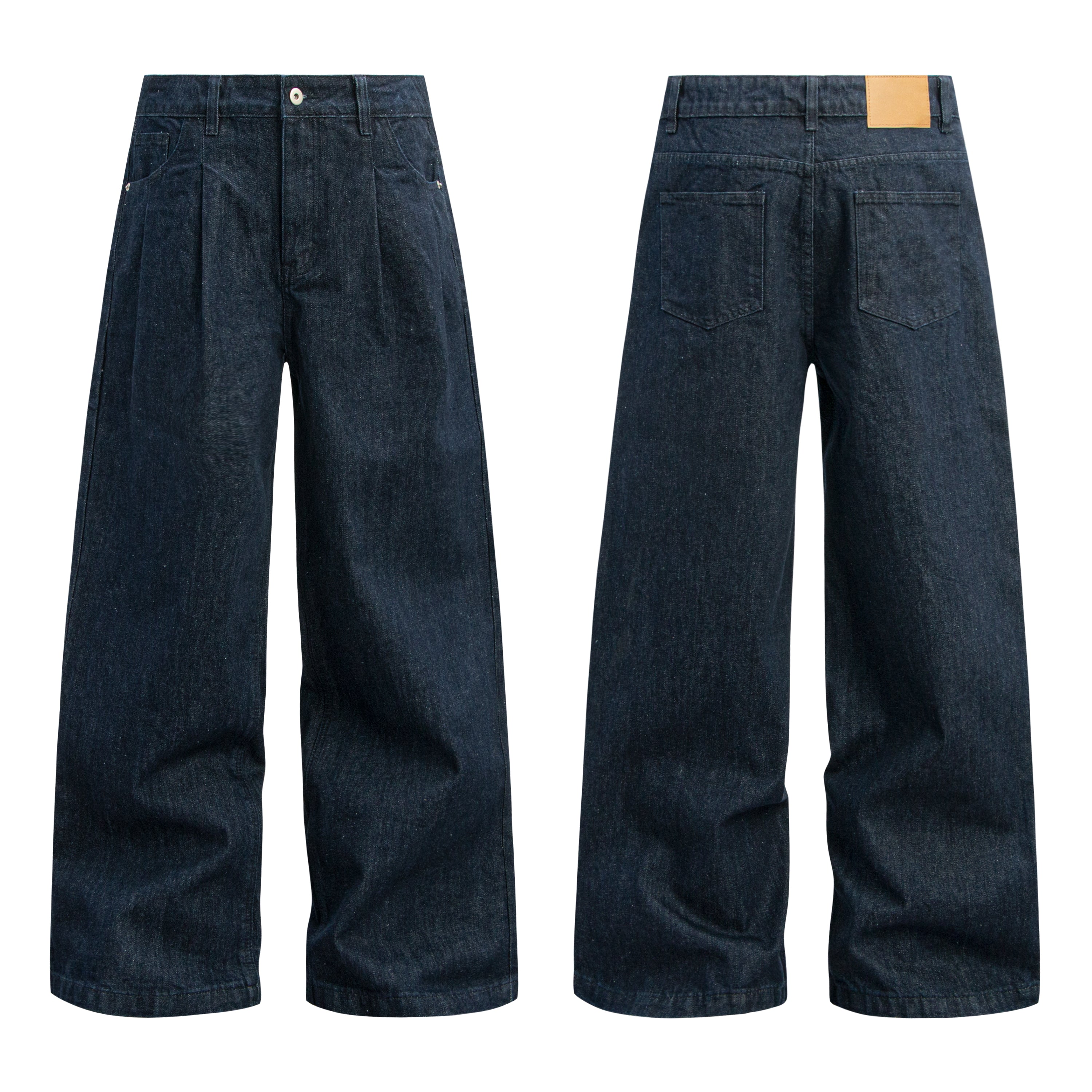 Front and back view of dark indigo wide-leg pleated denim pants with high-rise waist and tan leather patch