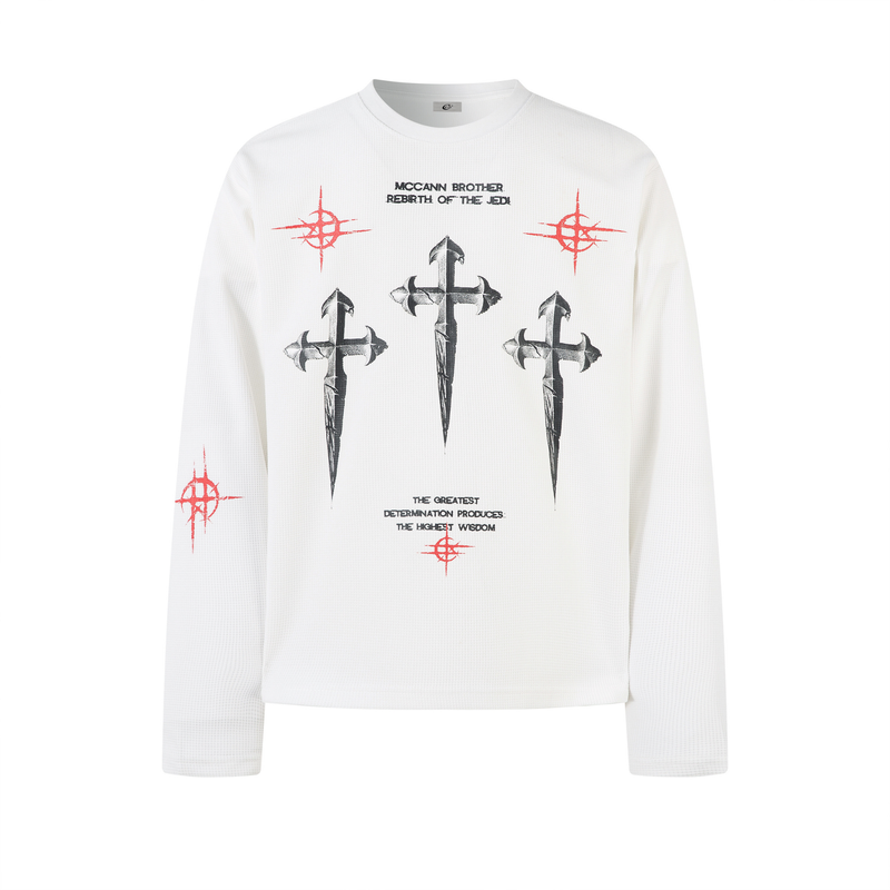 Front view of white long sleeve tee with black gothic cross print and red symbol graphics