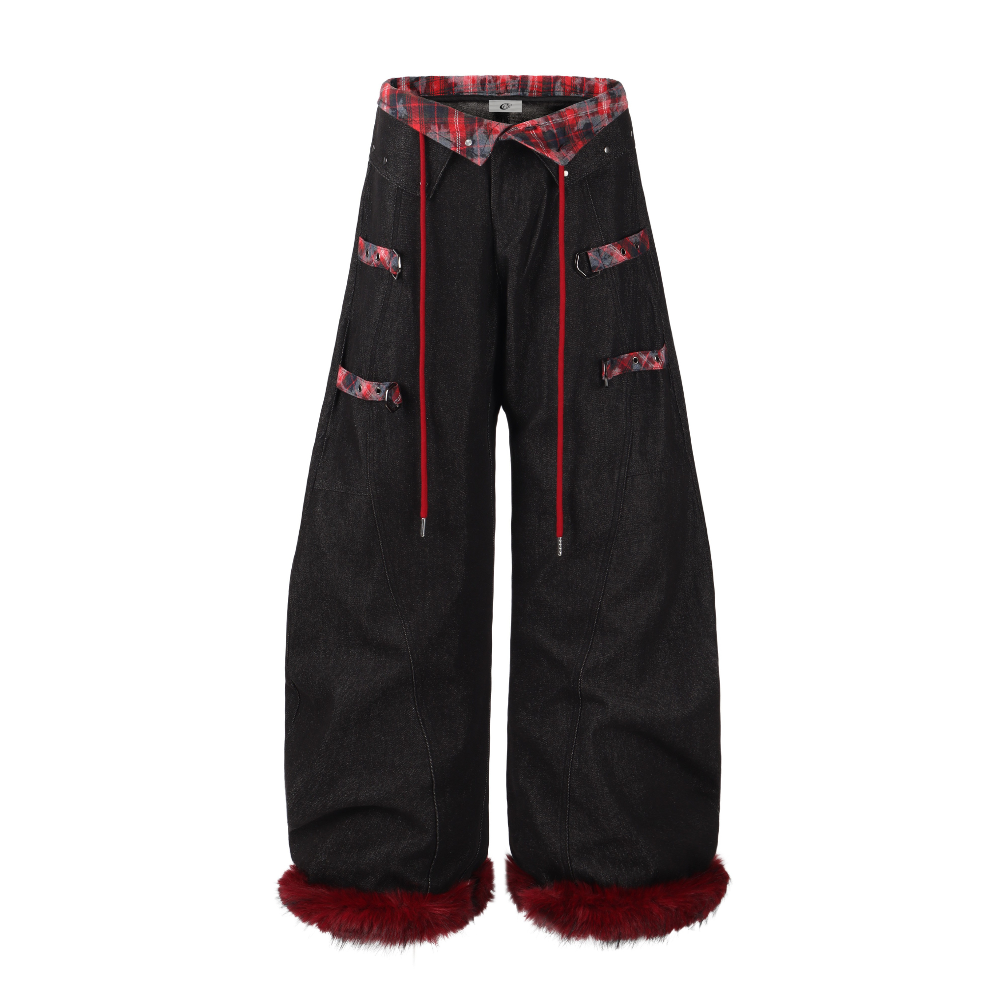 Omirad Flannel-Lined Faux Fur Barrel Leg Denim Pants