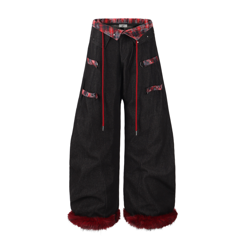 Front view of black barrel leg denim pants with red plaid waistband and hanging drawstrings