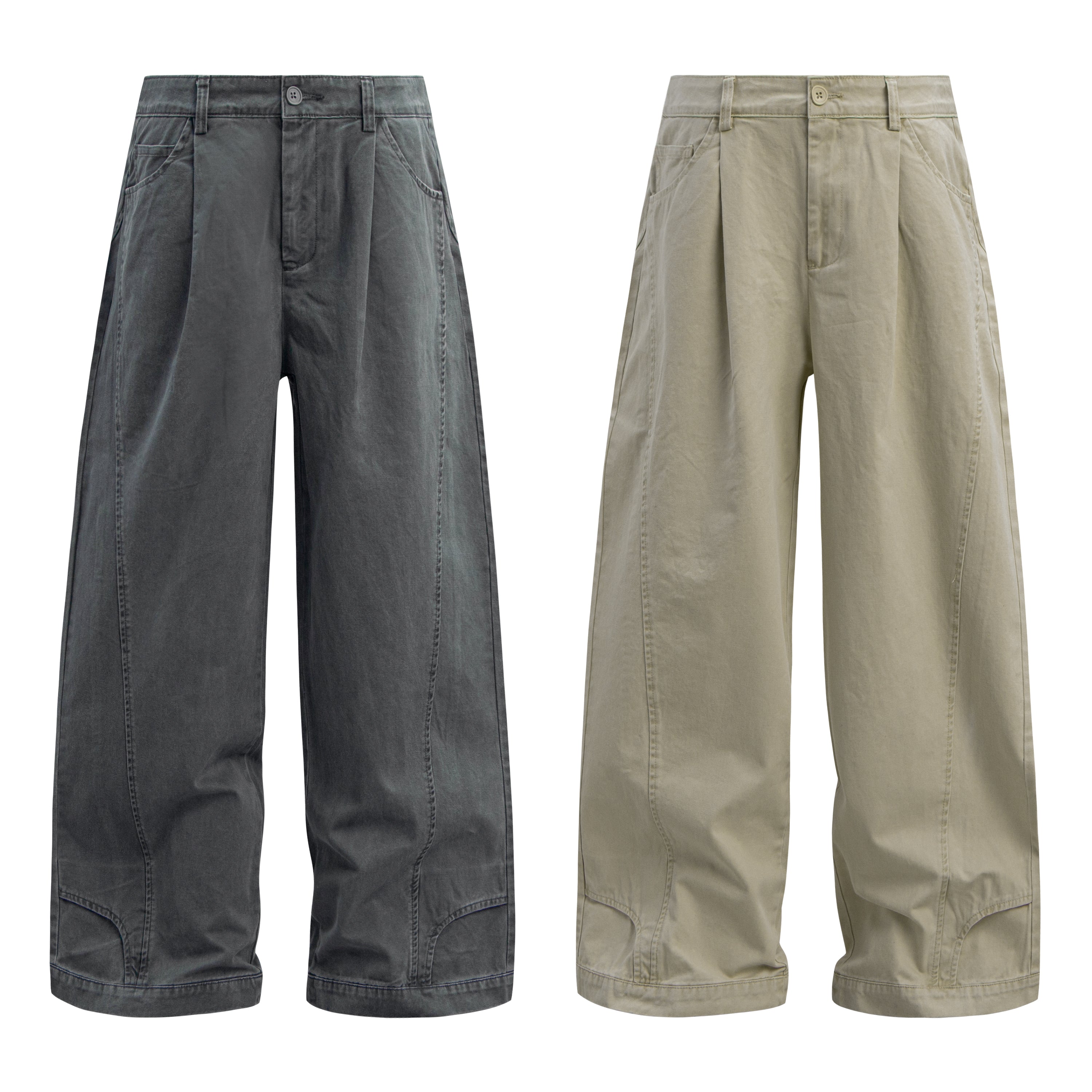 Omirad wide-leg washed cotton pants in charcoal grey and sage green, shown flat with pleated front and sculpted seam detailin
