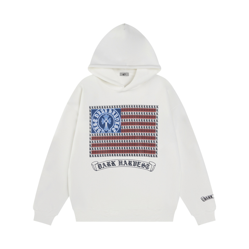 White pullover hoodie with Dark Harvest flag graphic on the chest, front view