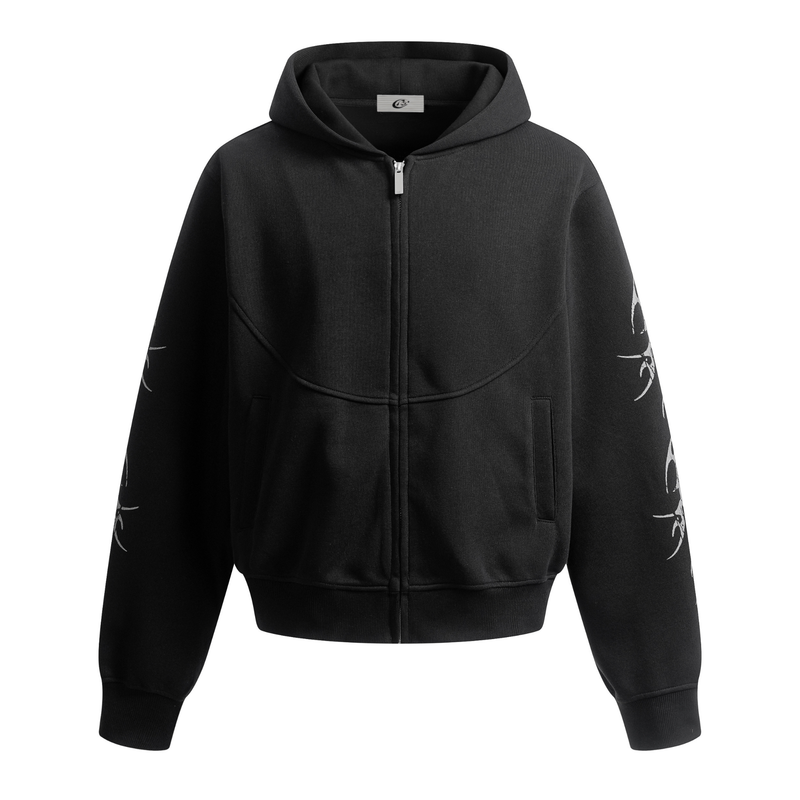 Black zip-up hoodie front view with hood, kangaroo pockets, and light tribal sleeve graphics