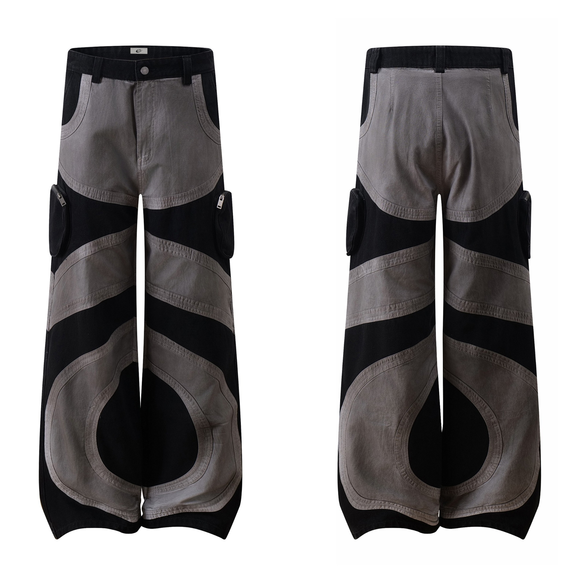 Front and back view of grey and black curved multi-panel wide-leg cargo pants with side zip pockets