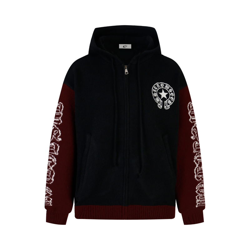 Black knit zip hoodie with burgundy sleeves, front view and white chest emblem