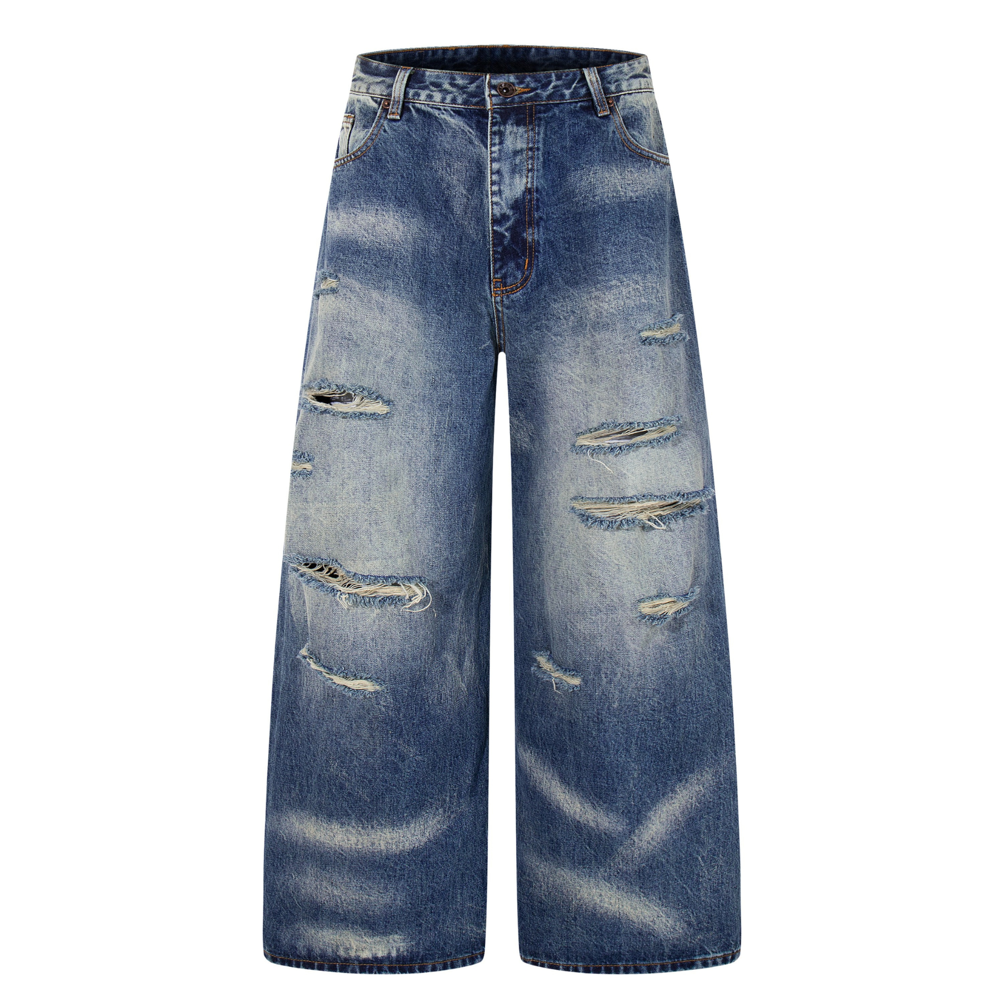 Heavy Distress Fade Wide-Leg Jeans | Vintage Blue Denim