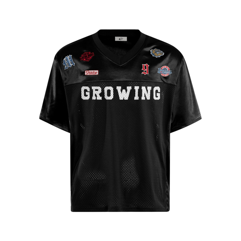 Black mesh football jersey tee with V-neck, embroidered patches, and large GROWING graphic on the chest